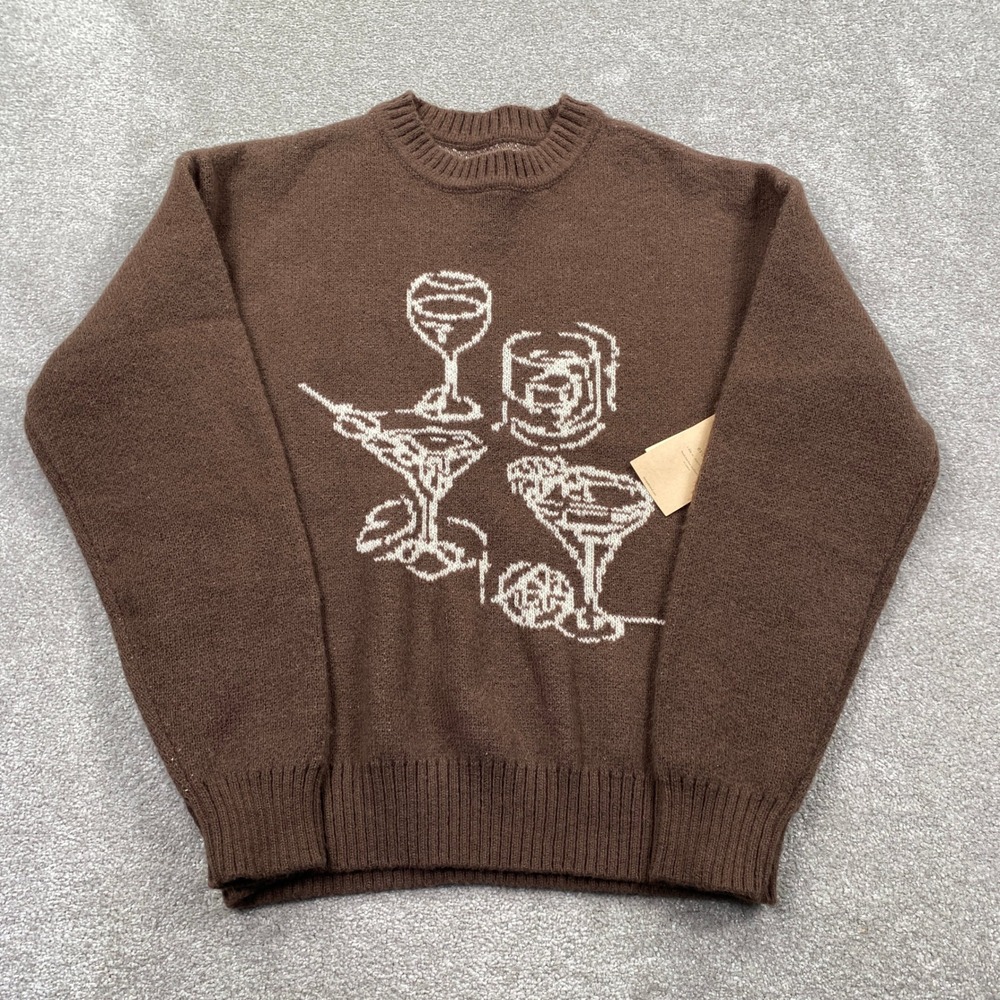 Escape Graphic Knit Sweater Mens Medium Brown Cocktail Martini Barware Pullover